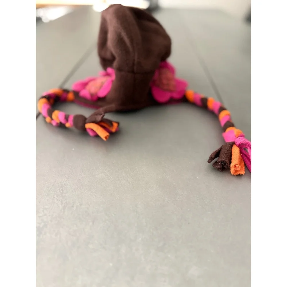 Tuff Cookie Girls Fleece Trapper Hat Brown Pink Orange Floral Braids Size L